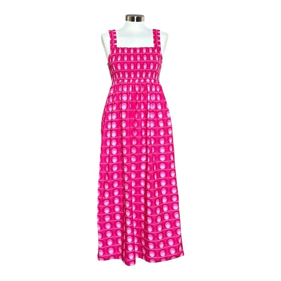 ZARA PINK SMOCKED BODICE RETRO GEO PRINT SLEEVELESS MAXI DRESS - Picture 3 of 11